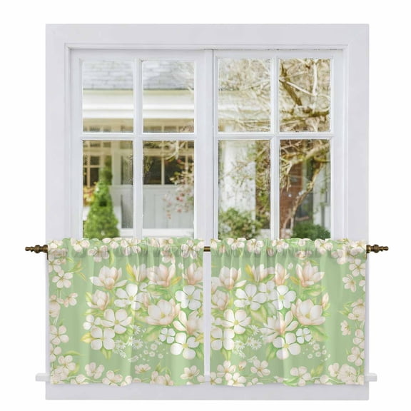 Spring Floral Tier Curtains 24 Inch Length, Watercolor Orchid Flowers Leaves Botanical Green Cafe Short Curtains for Bathroom Sink, Small Kitchen Curtain Light Filtering Drapes 2 Panels 27.5"Wx24"L