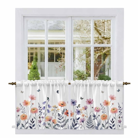 Spring Floral Tier Curtains 36 Inch Length, Elegant Pastoral Flowers Botanical Cafe Short Curtains for Bathroom Over Sink, Small Kitchen Curtain Light Filtering Tiered Drapes 2 Panels 27.5"Wx36"L