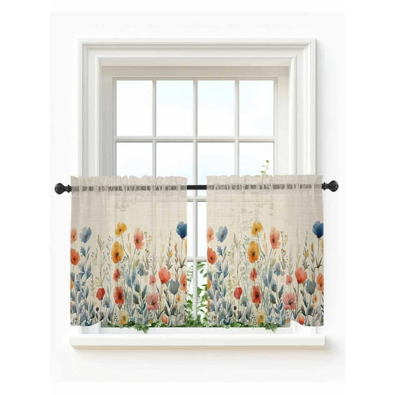 Spring Floral Tier Curtains 36 Inch Length,Sheer Curtains for Bedroom Living Room Window Watercolor Elegant Summer Botanical Rustic Voile Drapes Kitchen Curtains Small Half Window 27.5"x36" 2 Panels