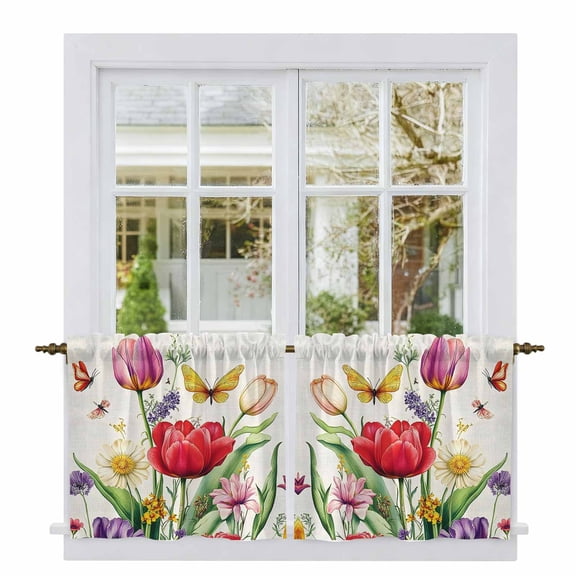 Spring Floral Tier Curtains, Colorful Tulip Butterfly Botanical Elegant Light Filtering Kitchen Curtains, 2Pcs Rod Pocket Half Window Treatments Panels for Sink Cafe Cabinet Camper 27.5x24 Inches