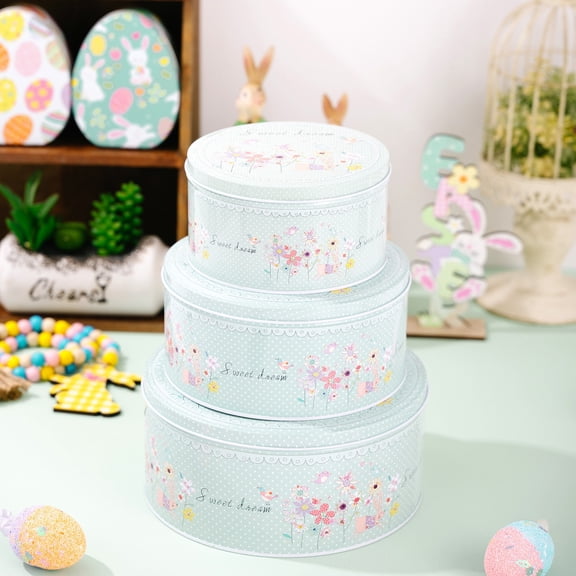 Spring Floral Tinplate Candy Box Set 3 Pcs Easter Flower Green Plant Bird Bunny Printing Snack Tin Box Elegant Round Cookie Jar Gift Chocolate Storage Organizer Party Favors for Kids Easter Treats