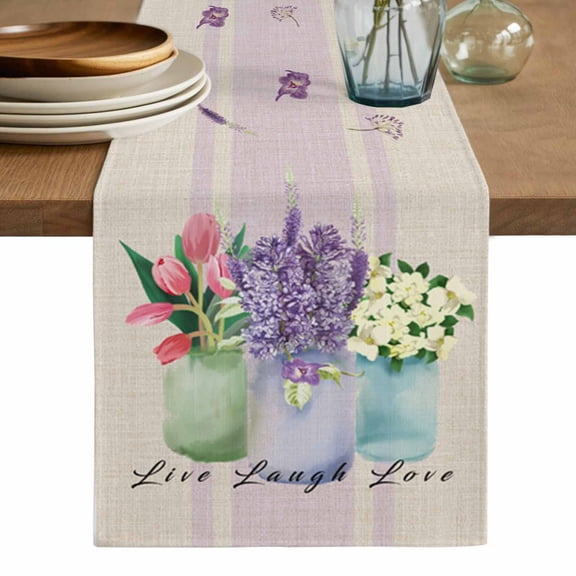 Spring Floral Tulip Cotton Linen Table Runner for Dining Kitchen, Lavender Jasmine Vase Wedding Outdoor Party Tablerunners Decoration, Dresser Scarf Coffee Tablecloth Runners 13x36 Inches