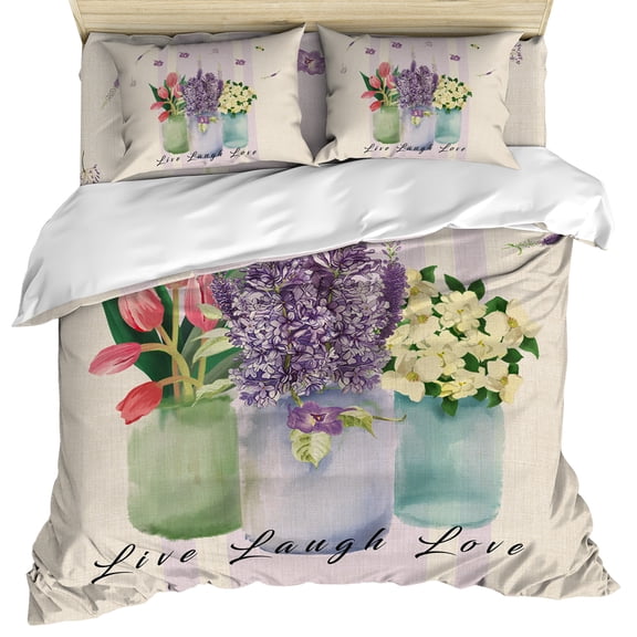 Spring Floral Tulip Duvet Cover Set, Lavender Jasmine Vase Soft Duvet Cover Queen Size Bedding Set 4 Pieces, 1 Quiltcover and 2 Pillowcases with Zipper, 1 Bed Sheet for All Seasons