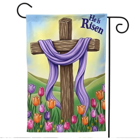 Spring Floral Tulip Garden Flag 12x18 Inch He Is Risen Religious Cross Double Sided Easter Outdoor Yard Decor