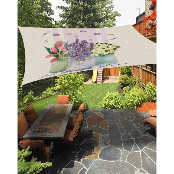 Spring Floral Tulip Sun Sail Shades Rectangle Canopy,Sunlight Block Heavy Duty Curved Backyard Shade Cover, Lavender Jasmine Vase Waterproof Sun Shades for Patios Garden Pergola Outdoor 6.5'x10'