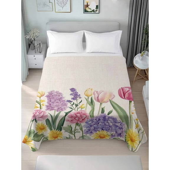 Spring Floral Twim Size Flat Sheet, Wrinkleproof & Fadeproof Cooling Flat Bed Sheet Only, Pink Tulip Summer Botanical Rustic Breathable Soft Bedding Top Sheets 66 x 96 Inches