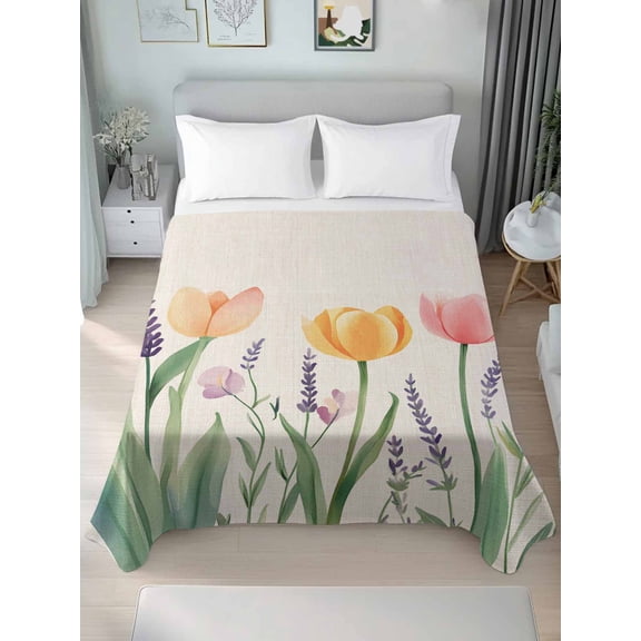 Spring Floral Twim Size Flat Sheet, Wrinkleproof & Fadeproof Cooling Flat Bed Sheet Only, Pink Yellow Tulip Botanical Summer Breathable Soft Bedding Top Sheets 66 x 96 Inches