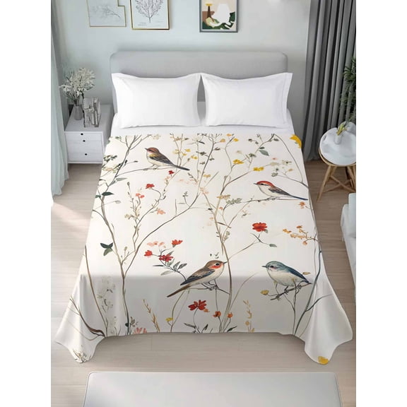 Spring Floral Twim Size Flat Sheet, Wrinkleproof & Fadeproof Cooling Flat Bed Sheet Only, Summer Birds Botanical Country Breathable Soft Bedding Top Sheets 66 x 96 Inches
