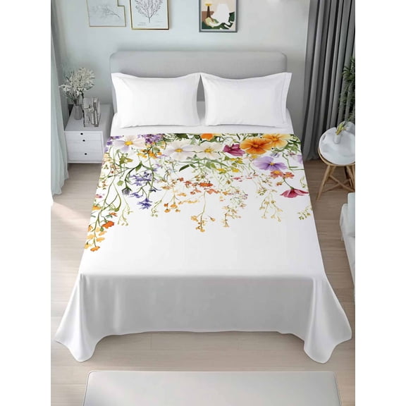 Spring Floral Twim XL Size Flat Sheet, Wrinkleproof & Fadeproof Cooling Flat Bed Sheet Only, Watercolor Leaves Wildflower Pastoral Breathable Soft Bedding Top Sheets 66 x 102 Inches