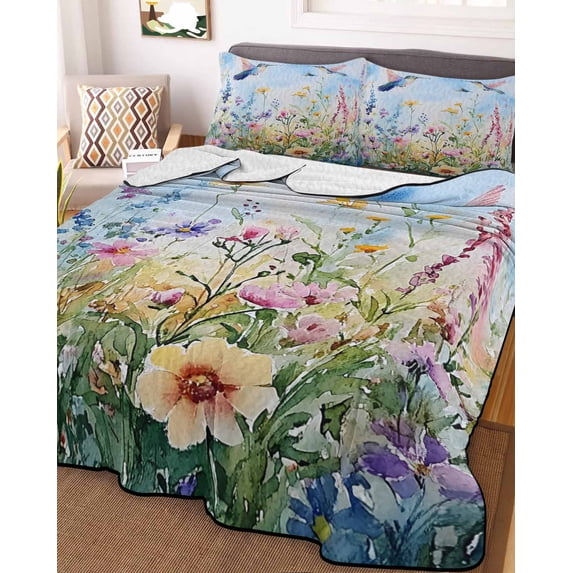 Spring Floral Twin Size Down Alternative Comforter, Lightweight Comforter Quilt Bedding Set with Pillow Shams Summer Botanical Hummingbird All Seasons Bed Comforter Duvet Insert 68"x86"