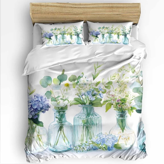 Spring Floral Twin Size Comforter Set, Hydrangea Daisy Leaves Flower Bottle Vintage Soft Bedding for All Seasons, 4 Pcs Bed Set with 1 Comforter (68"x86") ,1Sheet(66"x116"), 2 Pillowcases (19"x29")