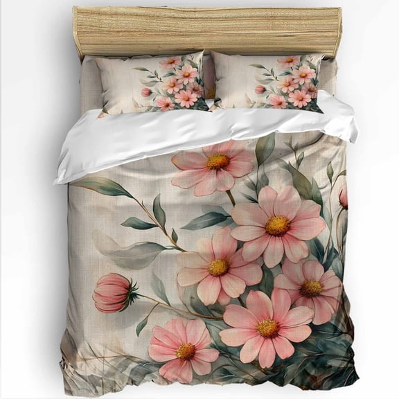 Spring Floral Twin Size Comforter Set, Pink Flower Green Leave Linen Texture Soft Bedding for All Seasons, 4 Pcs Bed Set with 1 Comforter (68"x86") ,1Sheet(66"x116"), 2 Pillowcases (19"x29")