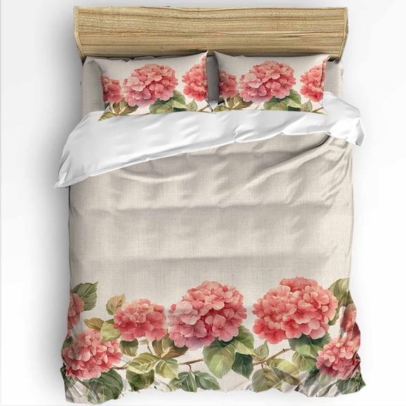 Spring Floral Twin Size Comforter Set, Pink Flower Watercolor Hydrangea Retro Soft Bedding for All Seasons, 4 Pcs Bed Set with 1 Comforter (68"x86") ,1Sheet(66"x116"), 2 Pillowcases (19"x29")