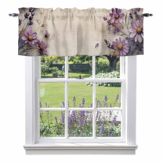 Spring Floral Valance Curtain Retro Purple Flower Leaves Wood Grain Window Valances Rod Pocket Short Curtains Window Treatments for Kitchen Bedroom Bathroom Laundry 60" x 14"