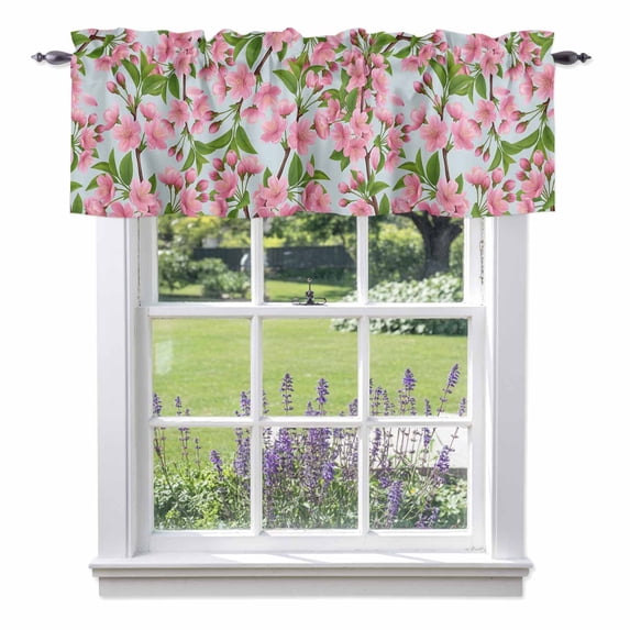 Spring Floral Valance Curtain Watercolor Flower Green Leaves Blue Background Window Valances Rod Pocket Short Curtains Window Treatments for Kitchen Bedroom Bathroom Laundry 54" x 18"