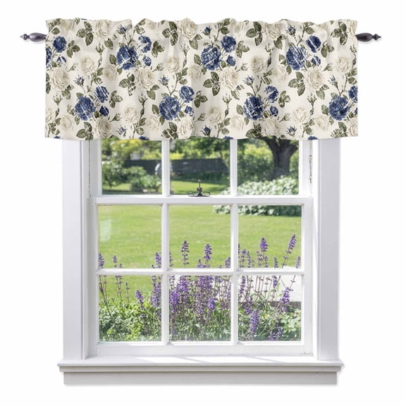 Spring Floral Valance Curtain for Windows Watercolor Blue Yellow Flowers Green Leaves Shabby Chic Rod Pocket Curtain Valances Short Window Treatments for Kitchen Bathroom Laundry 56 x 16 Inch