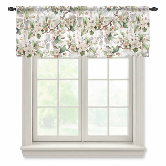 Spring Floral Valance Curtains for Kitchen/Living Room/Bathroom/Bedroom Window, Rod Pocket Small Topper Half Short Window Curtains Voile Sheer Scarf, Green Botanical Flowers Watercolor 60"x18"