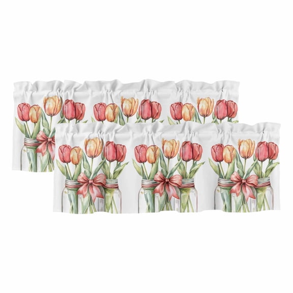 Spring Floral Valances for Windows, Decorative Rod Pocket Window Valance Curtains, Botanical Tulip Flower Bow in Vase Short Curtain Drapes for Kitchen/Bathroom/Living Room, 2 Panels, 42" W x 12" L