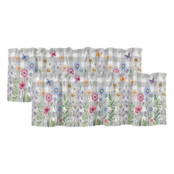 Spring Floral Valances for Windows, Decorative Rod Pocket Window Valance Curtains, Grey Plaid Pink Blue Flowers Butterfly Short Curtain Drapes for Kitchen/Living Room, 2 Panels, 42" W x 18" L