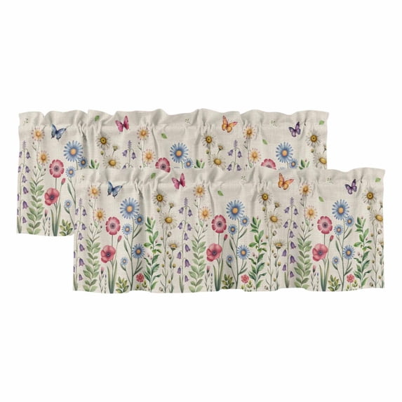 Spring Floral Valances for Windows, Decorative Rod Pocket Window Valance Curtains, Pink Blue Flowers Butterfly Rustic Short Curtain Drapes for Kitchen/Bathroom/Living Room, 2 Panels, 42" W x 18" L