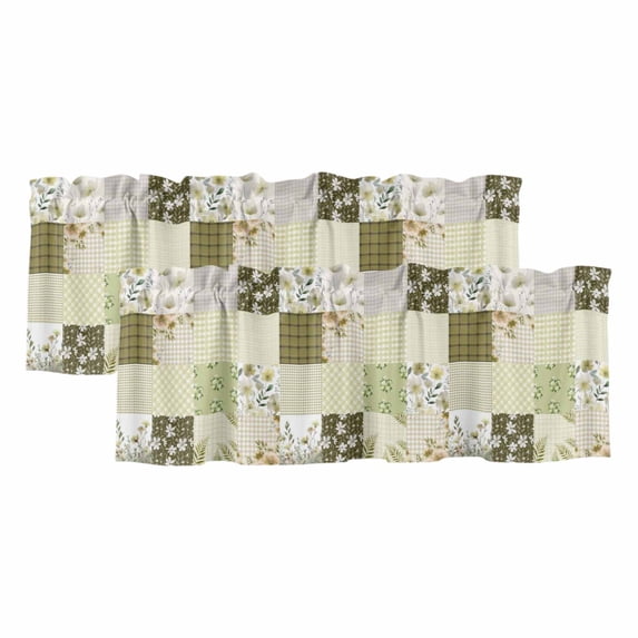 Spring Floral Valances for Windows, Decorative Rod Pocket Window Valance Curtains, Yellow Flowers Botanical Patchwork Grid Bohemia Short Curtain Drapes for Living Room, 2 Panels, 42" W x 12" L