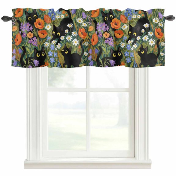 Spring Floral Valances for Windows Farmhouse Kitchen Curtains Valances Rod Pocket Valance Curtains for Kitchen Windows Cat Summer Botanical Flowers Window Valances for Bathroom Bedroom 42"x12"