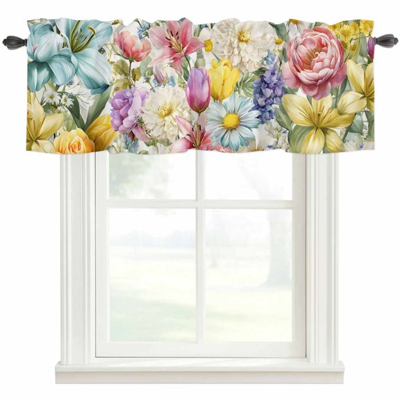 Spring Floral Valances for Windows Farmhouse Kitchen Curtains Valances Rod Pocket Valance Curtains for Windows Farmhouse Elegant Flowers Watercolor Window Valances for Bathroom Bedroom 42"x12"