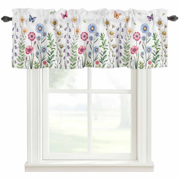 Spring Floral Valances for Windows Farmhouse Kitchen Curtains Valances Rod Pocket Valance Curtains for Windows Pink Blue Flowers Botanical Butterflies Window Valances for Bathroom Bedroom 42"x12"