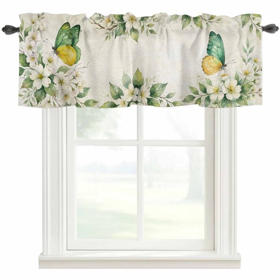 Spring Floral Valances for Windows Farmhouse Kitchen Curtains Valances Rod Pocket Valance Curtains for Windows Watercolor Botanical Flowers Butterfly Beige Valances for Bathroom Bedroom 42"x12"