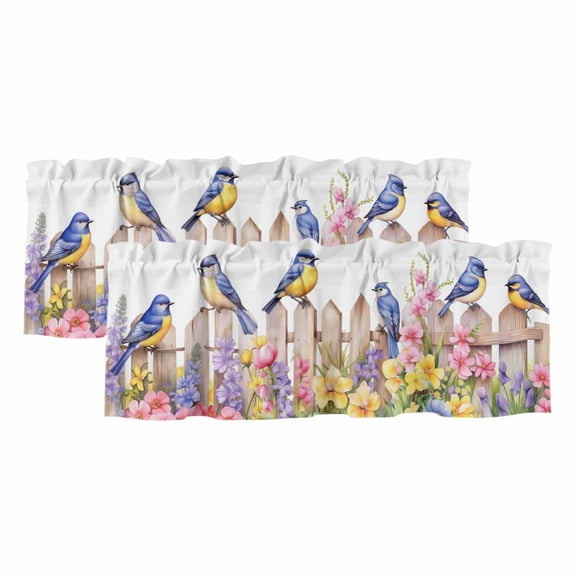 Spring Floral Valances for Windows, Light Filtering Kitchen Curtain Valances 2 Panels, Summer Birds Botanical Fence Rod Pocket Short Window Treatments for Living Room Bedroom 42"Wx12"L