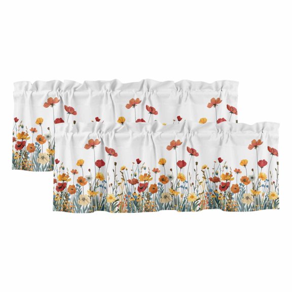 Spring Floral Valances for Windows, Light Filtering Kitchen Curtain Valances 2 Panels, Watercolor Elegant Botanical Summer Rod Pocket Short Window Treatments for Living Room Bedroom 42"Wx12"L