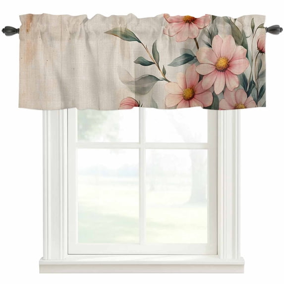 Spring Floral Valances for Windows Pink Flower Green Leave Linen Texture Rod Pocket Curtain Valance Window Treatment Short Curtains for Kitchen Living Room, 54"x18"