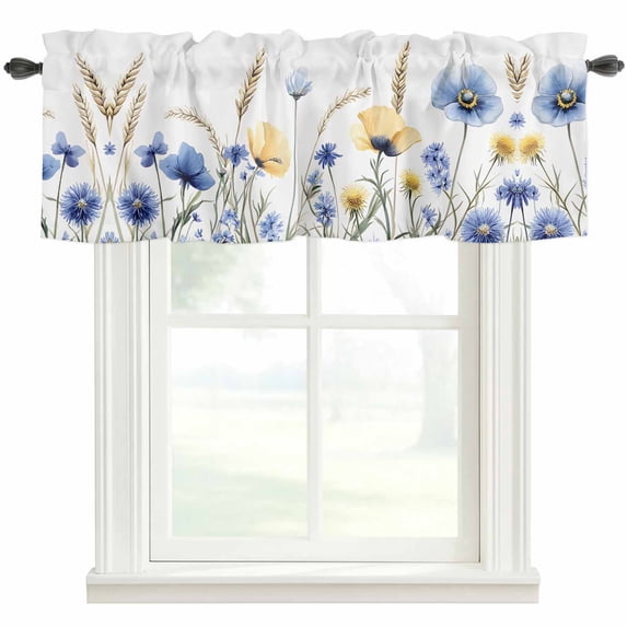 Spring Floral Valances for Windows Vintage Blue Yellow Flowers Wheat Leaf Country Rod Pocket Curtain Valance Window Treatment Short Curtains for Kitchen Living Room, 60"x14"