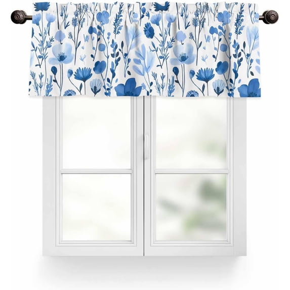 Spring Floral Valances for Windows, Watercolor Blue Flower Rod Pocket Kitchen Window Curtain Valance, Blue Leaves Botanical Window Treatment Valance Curtains for Kitchen Living Room Bathroom, 54"x18"