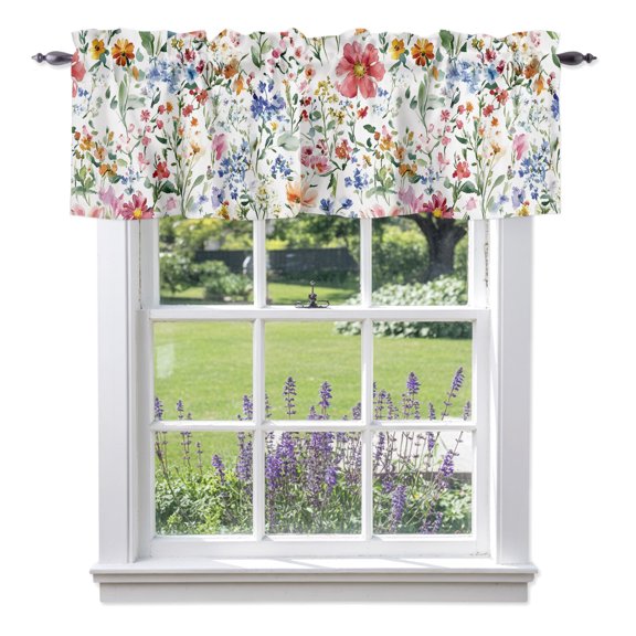 Spring Floral Valances for Windows Watercolor Colored Floral Garden Rod Pocket Light Filtering Short Window Treatments Curtains for Kitchen Bathroom Living Room Bedroom, 1 Panel, 60 x 18 Inch