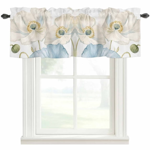 Spring Floral Valances for Windows Watercolor White Blue Poppy Flowers Leaf Plant Rod Pocket Curtain Valance Window Treatment Short Curtains for Kitchen Living Room, 54"x18"