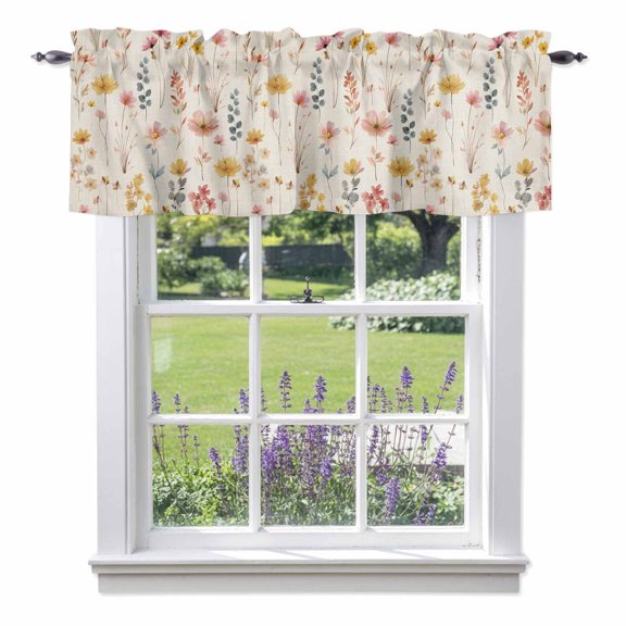 Spring Floral Valances for Windows Watercolor Wildflower Field Rustic Eucalyptus Leaves Retro Rod Pocket Cafe Window Treatments Valance Curtains for Kitchen Bathroom Laundry Basement Windows 60"x14"