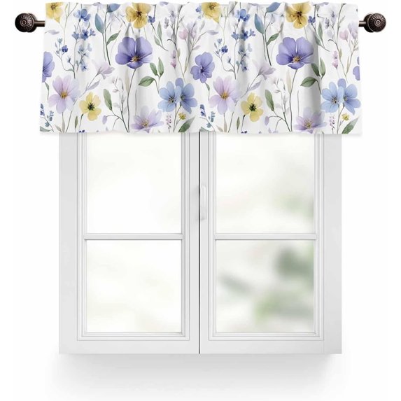 Spring Floral Valances for Windows, Watercolor Wildflower Multicolor Flowers Rod Pocket Kitchen Window Curtain Valance, Leaf Window Treatment Valance Curtains for Kitchen Living Room Bathroom, 54"x18"