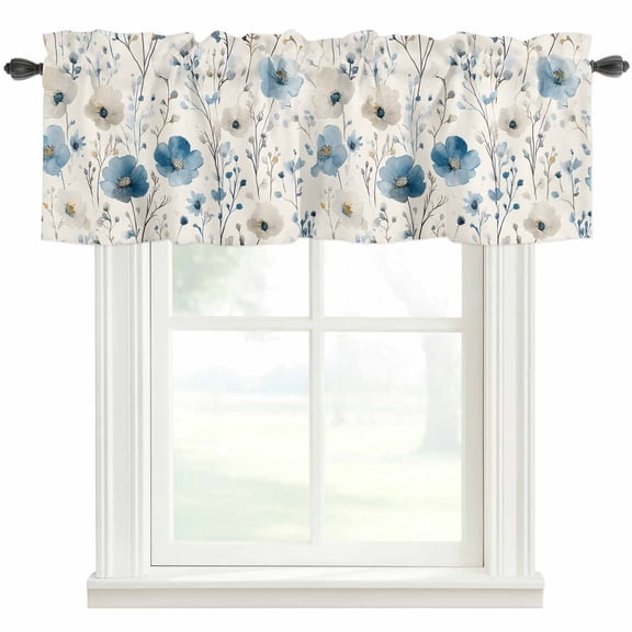 Spring Floral Valances for Windows off White Lake Blue Flower Leaves Vintage Rod Pocket Curtain Valance Window Treatment Short Curtains for Kitchen Living Room, 60"x14"