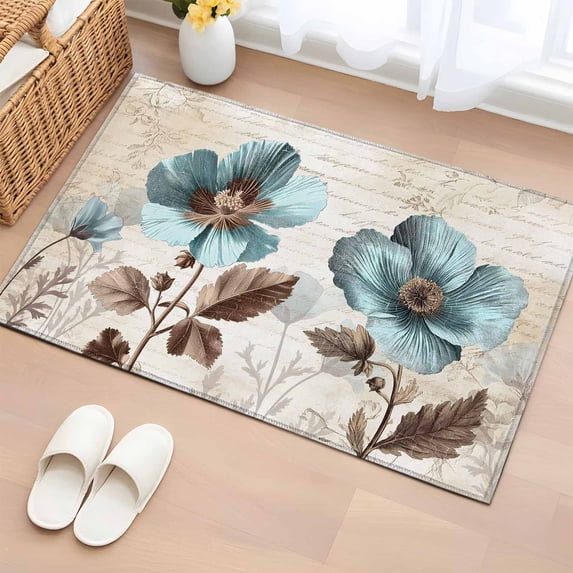Spring Floral Vintage Area Rugs 2x3 for Living Room, Retro Teal Tulips Botanical Summer Non Slip Washable Rug Runner, Low Pile Indoor Floor Carpet Mat Bathroom Rugs for Bedroom, Kids Room