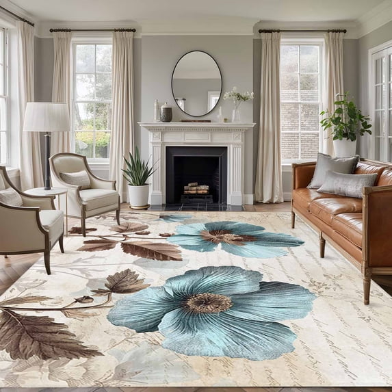 Spring Floral Vintage Area Rugs 5x7 for Living Room, Retro Teal Tulips Botanical Summer Non Slip Washable Rug Runner, Low Pile Indoor Floor Carpet Mat Bathroom Rugs for Bedroom, Kids Room