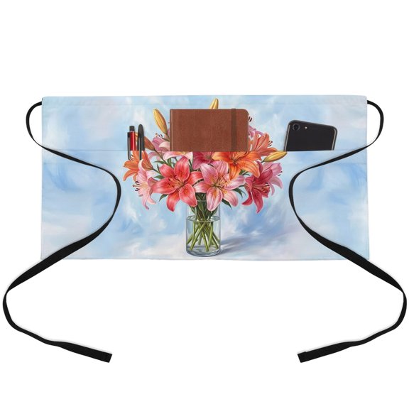 Spring Floral Waitress Apron with 3 Pockets, Watercolor Lily Flowers Bouquet Pink Server Aprons Waterproof Kitchen Restaurant Half Waist Apron for Men Women
