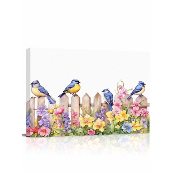 Spring Floral Wall Art for Living Room, Canvas Picture Wall Decor for Bathroom Bedroom, Summer Birds Botanical Fence Painting Artwork for Office Kitchen Hallway Dining Room Home Decorations 12"x16"