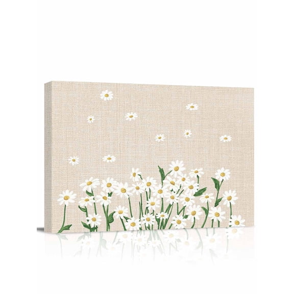 Spring Floral Wall Art for Living Room,Canvas Picture Wall Decor for Bathroom Bedroom,White Daisy Farmhouse Linen Texture Painting Artwork for Office Kitchen Hallway Dining Room Home Decor 12"x16"
