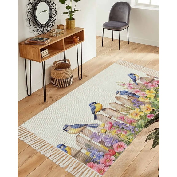 Spring Floral Washable Area Rug 3'x5', Summer Birds Botanical Fence Woven Cotton Tassels Kitchen Rugs, Non Slip Indoor Door Mat Throw Carpet for Entryway Living Room Nursery Laundry Room