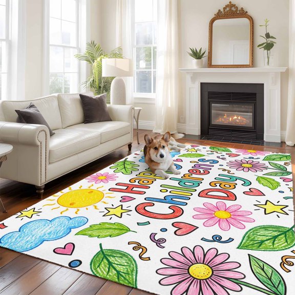 Spring Floral Washable Area Rug 6x9 Graffiti Sun Cloud Cartoon Letter Print Funny Low-Profile Large Area Rugs with Non Slip Backing Indoor Floor Carpet for Entrance Living Room Bedroom Home Office