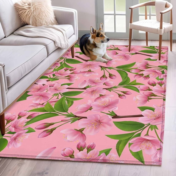 Spring Floral Washable Area Rugs 2.7'x5', Watercolor Flower Green Leaves Pink Background Low Pile Throw Living Room Rug Non-Slip Sturdy Edge Binding Carpet for Indoor Entryway Bedside Kitchen