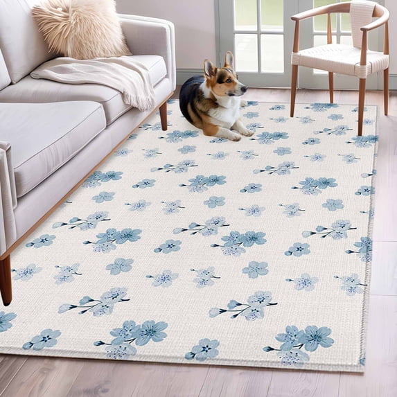 Spring Floral Washable Area Rugs 4'x6', Watercolor Blue Flowers Modern Farmhouse Low Pile Throw Living Room Rug Non-Slip Sturdy Edge Binding Carpet for Indoor Entryway Bedside Kitchen