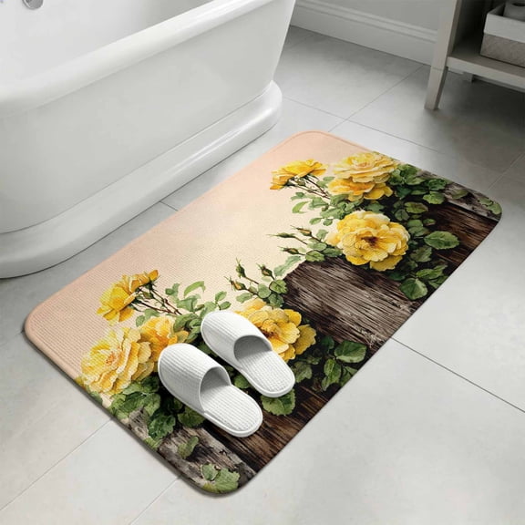 Spring Floral Washable Area Rugs for Living Room Bedroom, Large Non Slip Indoor Floor Carpet Absorbent Yellow Roses Flowers Rustic Botanical Pink Door Mat Rugs for Bathroom Entryway 47.2"x63"