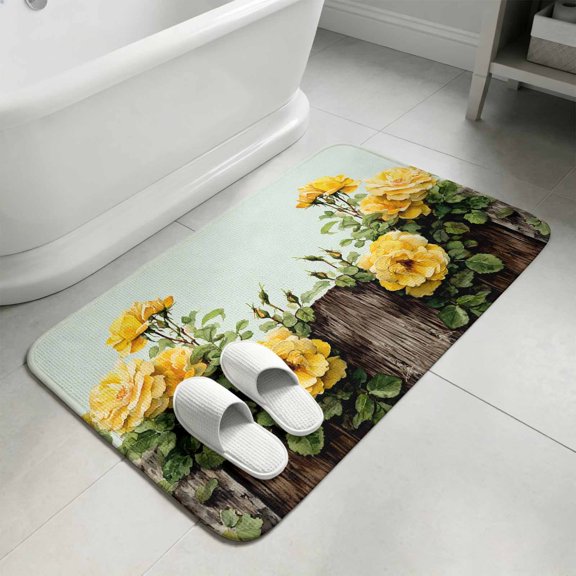 Spring Floral Washable Area Rugs for Living Room Bedroom, Large Non Slip Indoor Floor Carpet Absorbent Yellow Roses Leaves Pastoral Botanical Farmhouse Door Mat Rugs for Bathroom Entryway 47.2"x63"